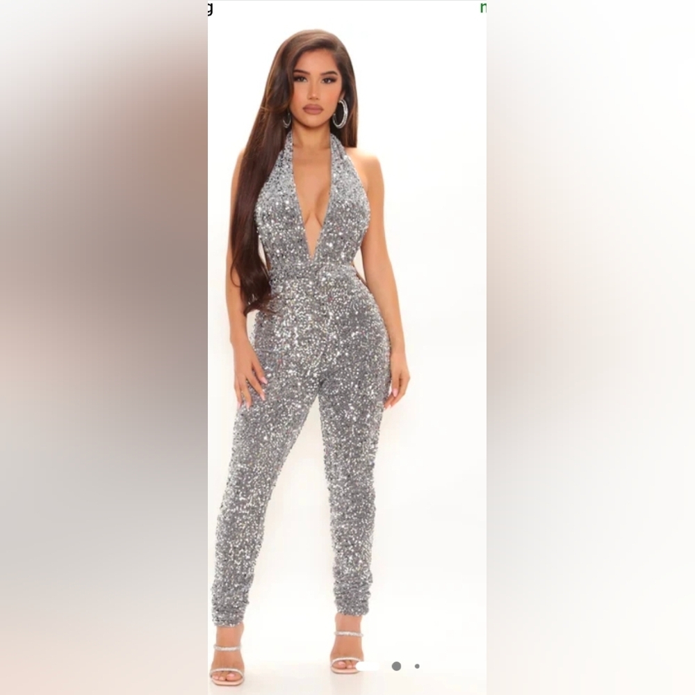 Fashion Nova Silver Sequin Plunging Halter Jumpsuit